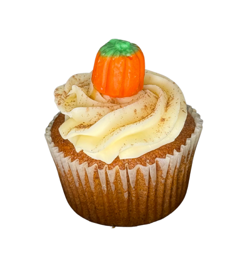 Cupcake with pumpkin decoration on a white background